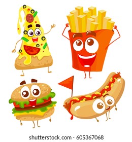 Vector funny cartoon characters of fast food. Isolated on white background. Hamburger, hot dog, potato and pizza. 