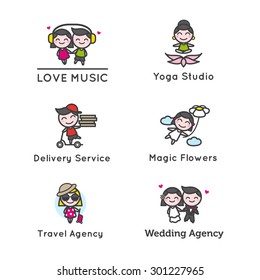 Vector funny cartoon chibi characters logotypes set. Cute logos for music store, yoga studio, delivery service, flowers shop, travel and wedding agency