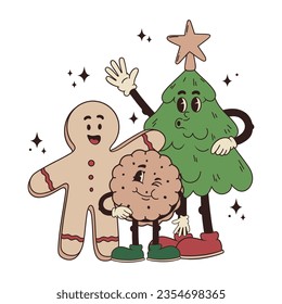 Vector funny cartoon Christmas mascots:  gingerbread man, round winking cookie and Christmas tree