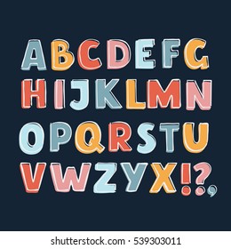 Vector funny cartoon colorful cute english bold font with outline on dark background 