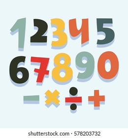 Vector funny cartoon colorful set of numbers with shadows. Division signs, multiplication, subtraction, addition.