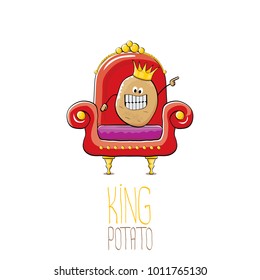 vector funny cartoon cool cute brown smiling king potato with golden royal crown sitting on the throne isolated on white background. vegetable funky food drawn character 