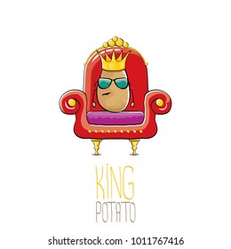 vector funny cartoon cool cute brown smiling king potato with golden royal crown sitting on the red throne isolated on white background. vegetable funky food drawn character 