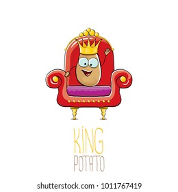 vector funny cartoon cool cute brown smiling king potato with golden royal crown sitting on the red throne isolated on white background. vegetable funky food drawn character 