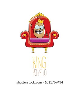 vector funny cartoon cool cute brown smiling king potato with golden royal crown sitting on the red throne isolated on white background. vegetable funky food drawn character 
