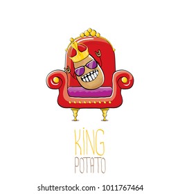vector funny cartoon cool cute brown smiling king potato with golden royal crown sitting on the red throne isolated on white background. vegetable funky food drawn character 