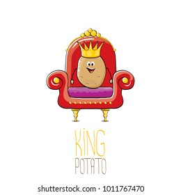 vector funny cartoon cool cute brown smiling king potato with golden royal crown sitting on the red throne isolated on white background. vegetable funky food drawn character 