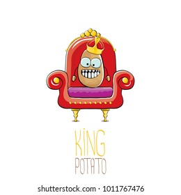 vector funny cartoon cool cute brown smiling king potato with golden royal crown sitting on the red throne isolated on white background. vegetable funky food drawn character 