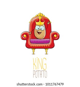 vector funny cartoon cool cute brown smiling king potato with golden royal crown sitting on the red throne isolated on white background. vegetable funky food drawn character 