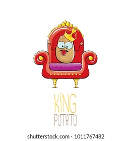 vector funny cartoon cool cute brown smiling king potato with golden royal crown sitting on the red throne isolated on white background. vegetable funky food drawn character 