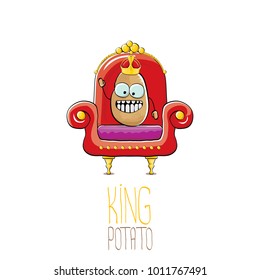 vector funny cartoon cool cute brown smiling king potato with golden royal crown sitting on the red throne isolated on white background. vegetable funky food drawn character 