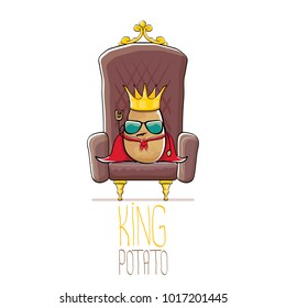vector funny cartoon cool cute brown smiling king potato with golden royal crown and red mantle or cape sitting on brown throne isolated on white background. vegetable funky food drawn character