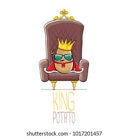 vector funny cartoon cool cute brown smiling king potato with golden royal crown and red mantle or cape sitting on brown throne isolated on white background. vegetable funky food drawn character