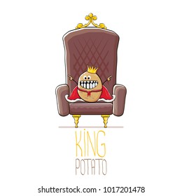 vector funny cartoon cool cute brown smiling king potato with golden royal crown and red mantle or cape sitting on brown throne isolated on white background. vegetable funky food drawn character