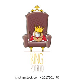 vector funny cartoon cool cute brown smiling king potato with golden royal crown and red mantle or cape sitting on brown throne isolated on white background. vegetable funky food drawn character