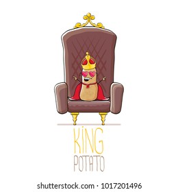 vector funny cartoon cool cute brown smiling king potato with golden royal crown and red mantle or cape sitting on brown throne isolated on white background. vegetable funky food drawn character