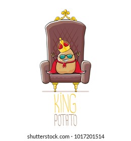 vector funny cartoon cool cute brown smiling king potato with golden royal crown and red mantle or cape sitting on brown throne isolated on white background. vegetable funky food drawn character