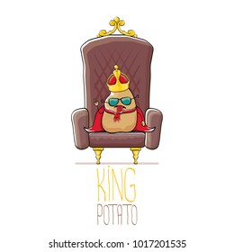 vector funny cartoon cool cute brown smiling king potato with golden royal crown and red mantle or cape sitting on brown throne isolated on white background. vegetable funky food drawn character