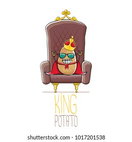 vector funny cartoon cool cute brown smiling king potato with golden royal crown and red mantle or cape sitting on brown throne isolated on white background. vegetable funky food drawn character