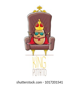 vector funny cartoon cool cute brown smiling king potato with golden royal crown and red mantle or cape sitting on brown throne isolated on white background. vegetable funky food drawn character