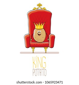 vector funny cartoon cool cute brown smiling king potato with golden royal crown on red throne isolated on white background. vegetable funky food drawn character