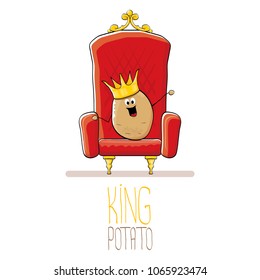 vector funny cartoon cool cute brown smiling king potato with golden royal crown on red throne isolated on white background. vegetable funky food drawn character