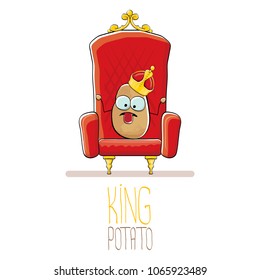 vector funny cartoon cool cute brown smiling king potato with golden royal crown on red throne isolated on white background. vegetable funky food drawn character