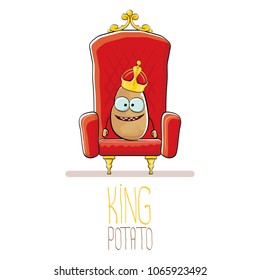 vector funny cartoon cool cute brown smiling king potato with golden royal crown on red throne isolated on white background. vegetable funky food drawn character