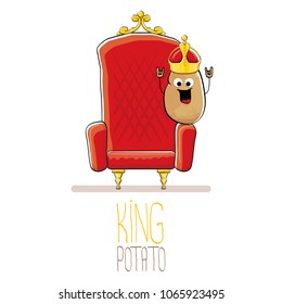 vector funny cartoon cool cute brown smiling king potato with golden royal crown on red throne isolated on white background. vegetable funky food drawn character