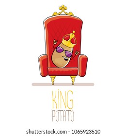 vector funny cartoon cool cute brown smiling king potato with golden royal crown on red throne isolated on white background. vegetable funky food drawn character