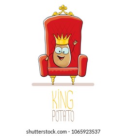 vector funny cartoon cool cute brown smiling king potato with golden royal crown on red throne isolated on white background. vegetable funky food drawn character