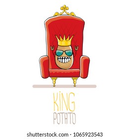 vector funny cartoon cool cute brown smiling king potato with golden royal crown on red throne isolated on white background. vegetable funky food drawn character