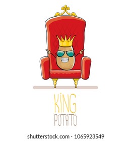 vector funny cartoon cool cute brown smiling king potato with golden royal crown on red throne isolated on white background. vegetable funky food drawn character