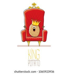 vector funny cartoon cool cute brown smiling king potato with golden royal crown on red throne isolated on white background. vegetable funky food drawn character