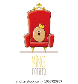 vector funny cartoon cool cute brown smiling king potato with golden royal crown on red throne isolated on white background. vegetable funky food drawn character