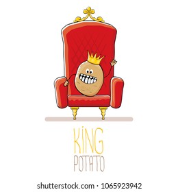 vector funny cartoon cool cute brown smiling king potato with golden royal crown on red throne isolated on white background. vegetable funky food drawn character