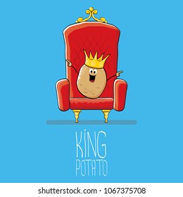 vector funny cartoon cool cute brown smiling king potato with golden royal crown on red throne isolated on blue background. vegetable funky food drawn character