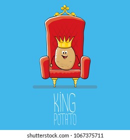 vector funny cartoon cool cute brown smiling king potato with golden royal crown on red throne isolated on blue background. vegetable funky food drawn character