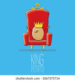 vector funny cartoon cool cute brown smiling king potato with golden royal crown on red throne isolated on blue background. vegetable funky food drawn character