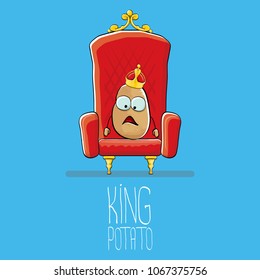 vector funny cartoon cool cute brown smiling king potato with golden royal crown on red throne isolated on blue background. vegetable funky food drawn character