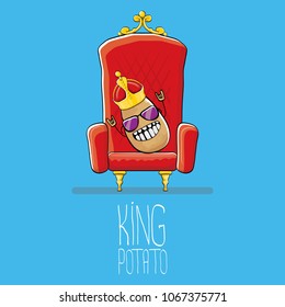 vector funny cartoon cool cute brown smiling king potato with golden royal crown on red throne isolated on blue background. vegetable funky food drawn character