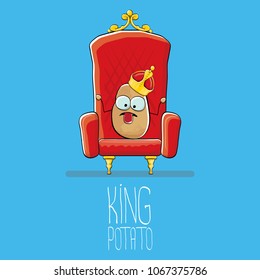 vector funny cartoon cool cute brown smiling king potato with golden royal crown on red throne isolated on blue background. vegetable funky food drawn character