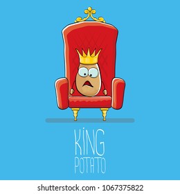 vector funny cartoon cool cute brown smiling king potato with golden royal crown on red throne isolated on blue background. vegetable funky food drawn character