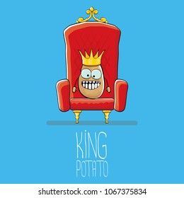 vector funny cartoon cool cute brown smiling king potato with golden royal crown on red throne isolated on blue background. vegetable funky food drawn character