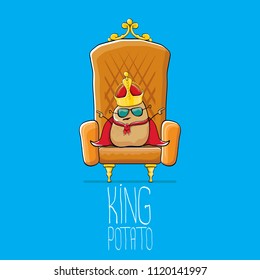 vector funny cartoon cool cute brown smiling king potato with golden royal crown and red mantle or cape sitting on brown throne isolated on blue background. vegetable funky food drawn character