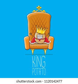 vector funny cartoon cool cute brown smiling king potato with golden royal crown and red mantle or cape sitting on brown throne isolated on blue background. vegetable funky food drawn character