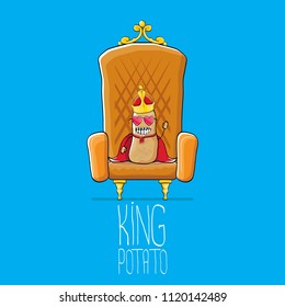 vector funny cartoon cool cute brown smiling king potato with golden royal crown and red mantle or cape sitting on brown throne isolated on blue background. vegetable funky food drawn character