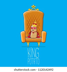 vector funny cartoon cool cute brown smiling king potato with golden royal crown and red mantle or cape sitting on brown throne isolated on blue background. vegetable funky food drawn character