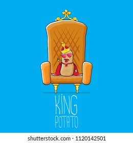 vector funny cartoon cool cute brown smiling king potato with golden royal crown and red mantle or cape sitting on brown throne isolated on blue background. vegetable funky food drawn character