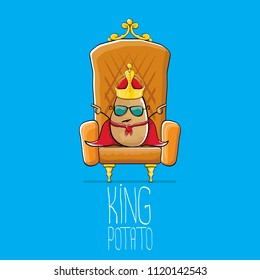 vector funny cartoon cool cute brown smiling king potato with golden royal crown and red mantle or cape sitting on brown throne isolated on blue background. vegetable funky food drawn character